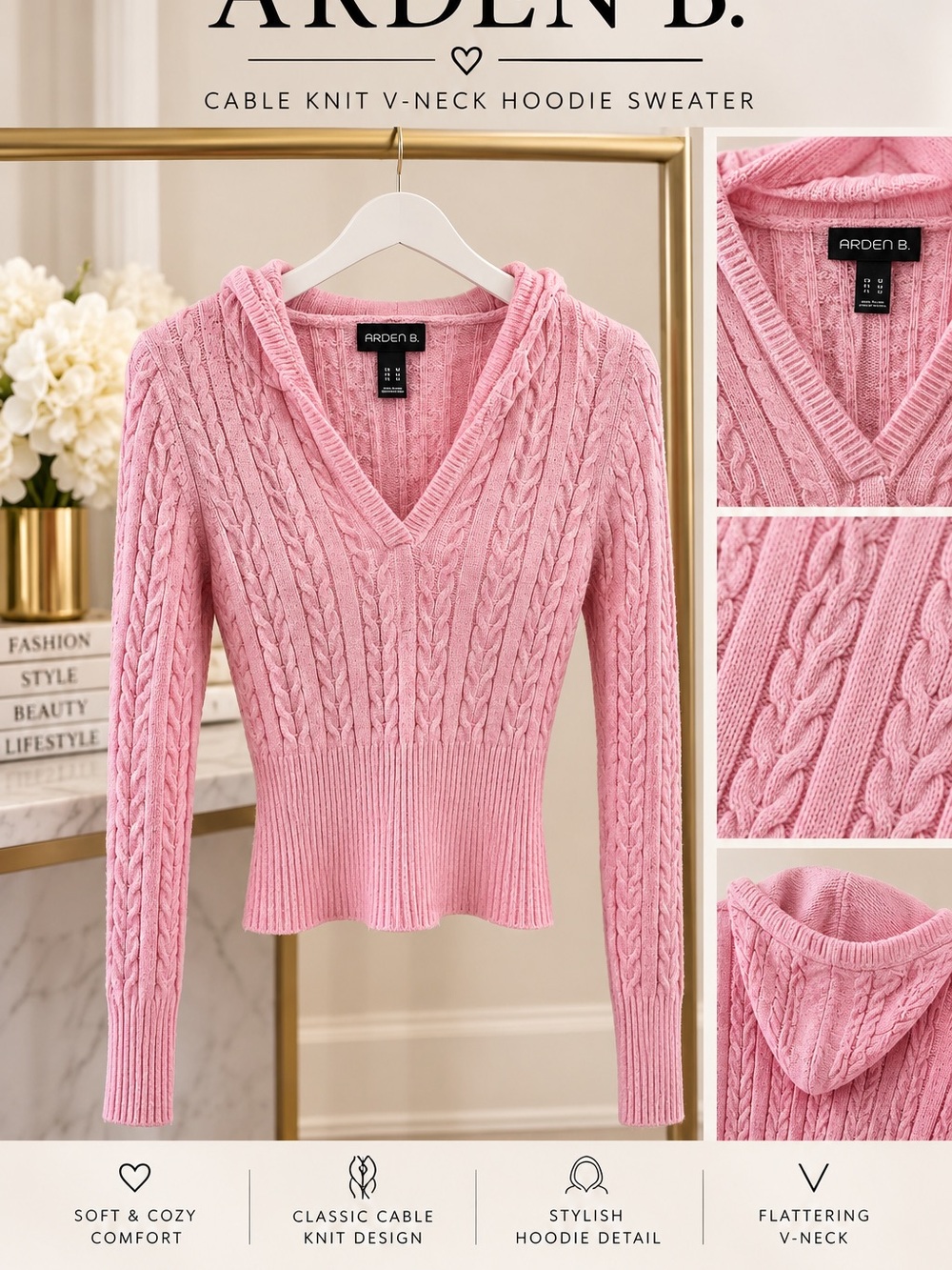 Arden B Pink Cable-Knit V-Neck Hoodie Sweater with Ribbed Waist
